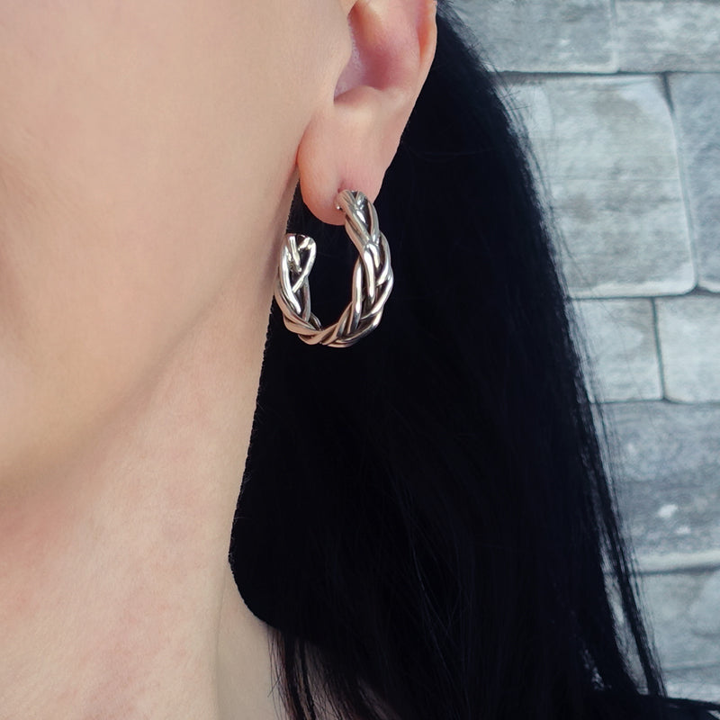 artisan sterling silver braided hoop earrings
