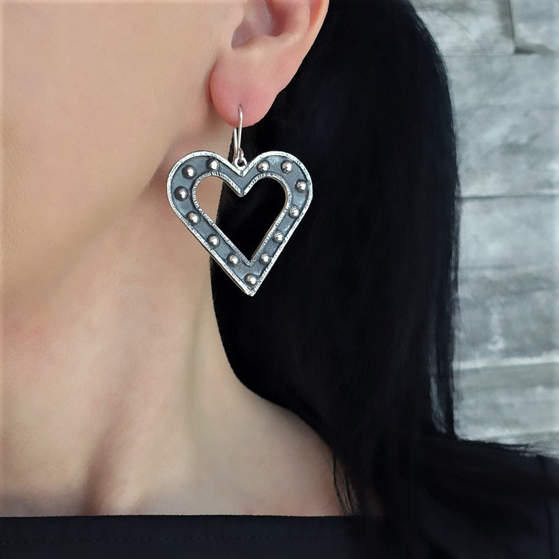 Taxco black silver large heart dangle earrings