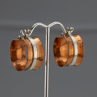 Wide Silver and Copper Hoop Earrings