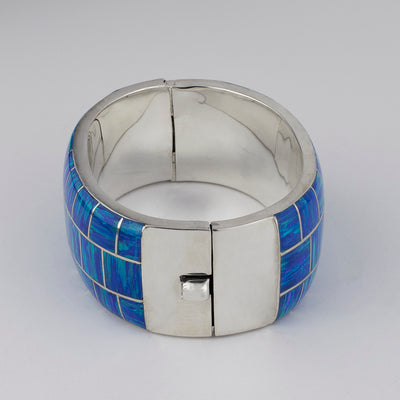 Large Bold Blue Opal Hinged Bangle Bracelet