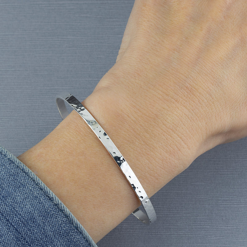thin flat hammered silver bangle bracelet