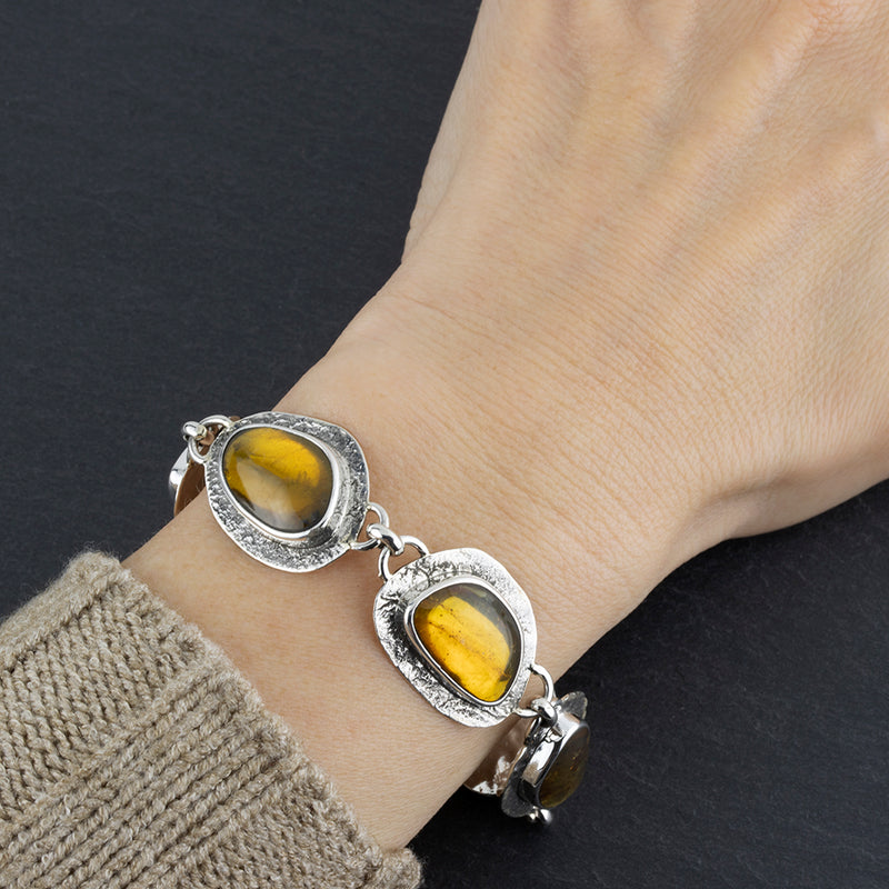 handmade sterling silver and genuine amber link bracelet