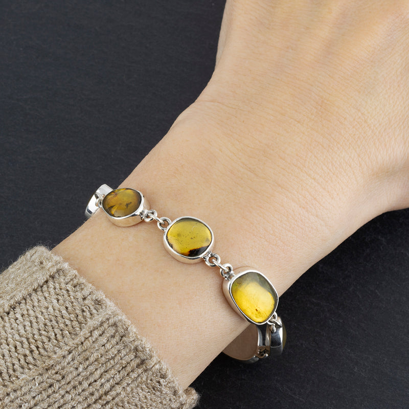 small sterling silver and amber stone link bracelet