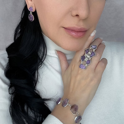 Long Raw Amethyst Silver Ring