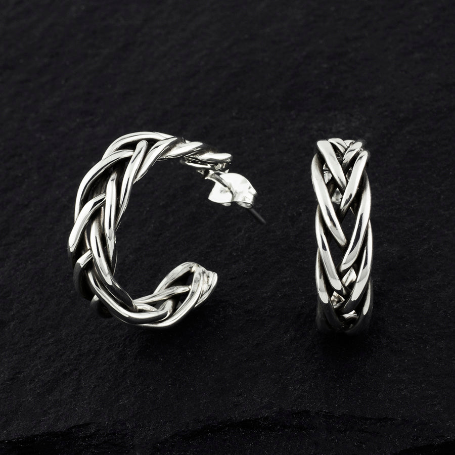 artisan sterling silver braided hoop earrings
