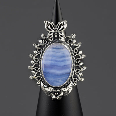 big handcrafted blue lace agate silver ring