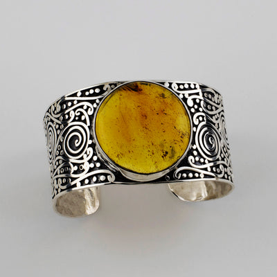 big wide Mexican silver and amber scroll cuff bracelet