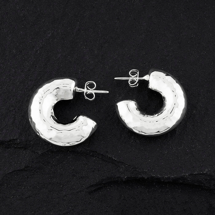 chunky puffy hammered silver donut hoop earrings