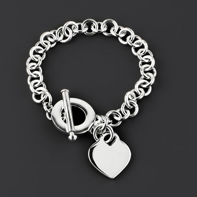 chunky sterling silver heart charm toggle bracelet