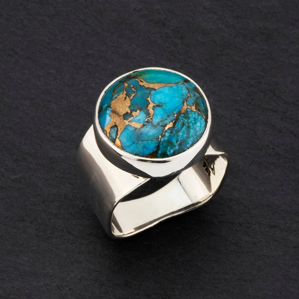 copper turquoise sterling silver wide band ring