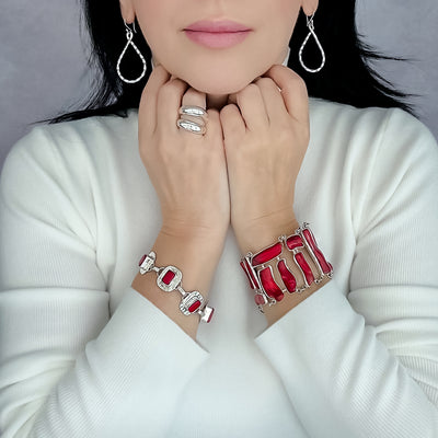 Large Red Coral Silver Bracelet