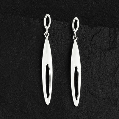 elongated sterling silver flame drop earrings