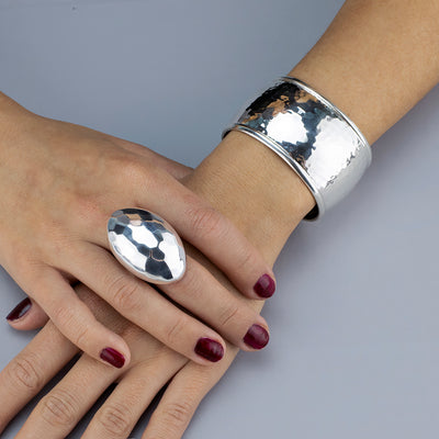 Rimmed Elegance Wide Hammered Silver Cuff Bracelet