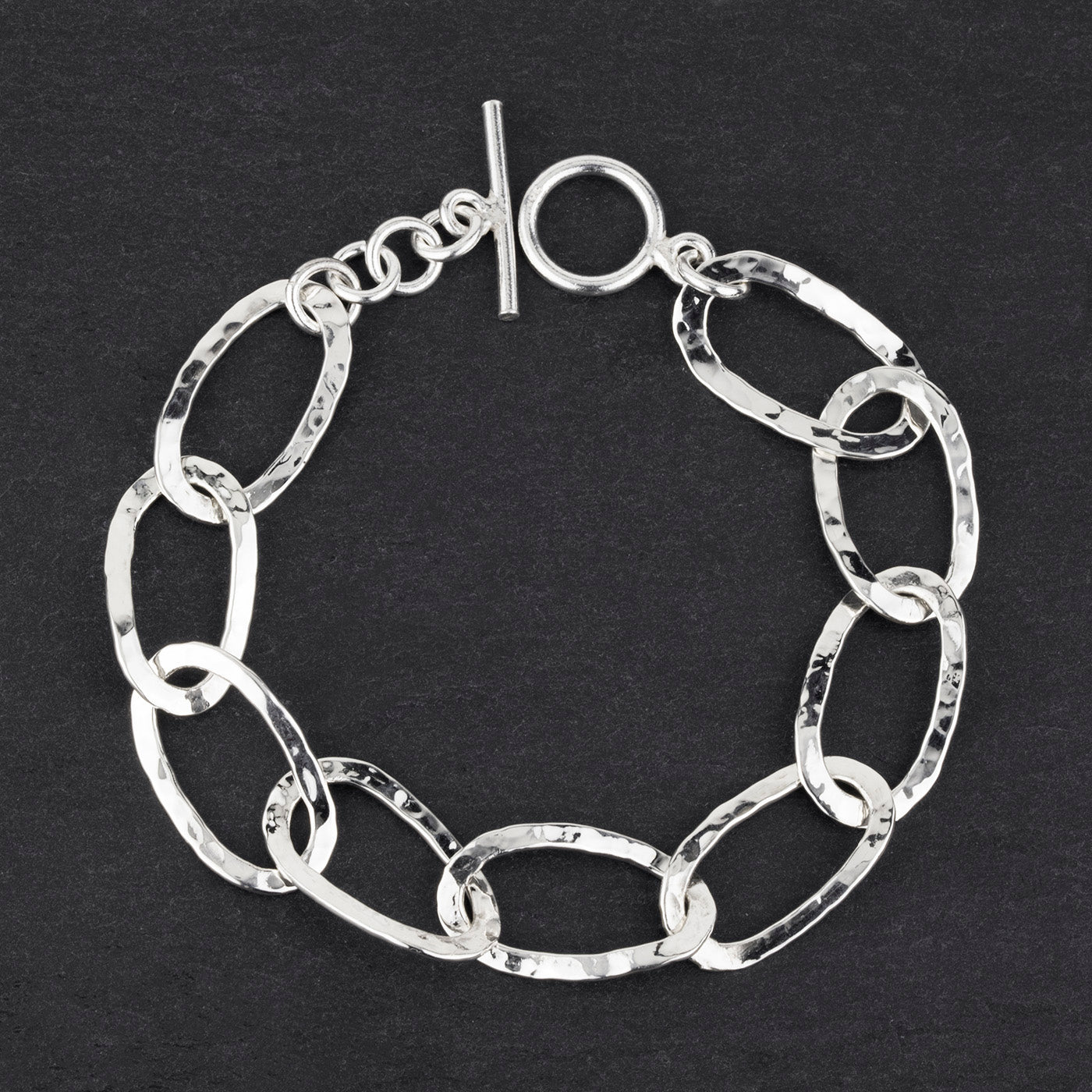 hammered silver open oval link bracelet