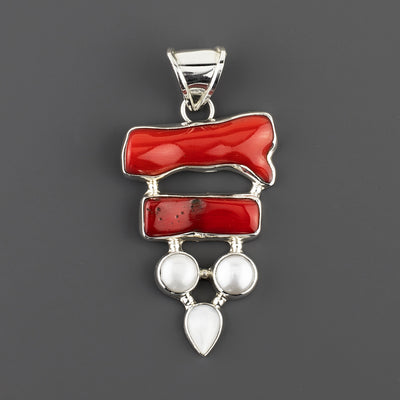 handcrafted red coral and pearl gemstone pendant