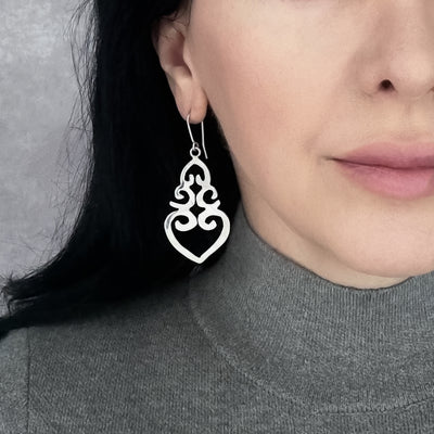 Ornate Heart Sterling Silver Dangle Earrings