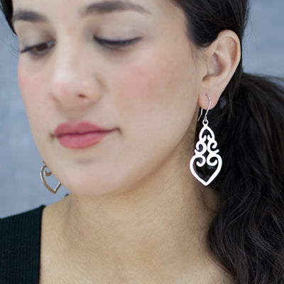 Ornate Heart Sterling Silver Statement Earrings