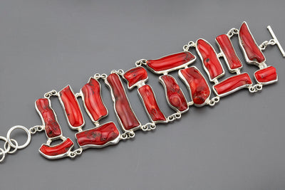 Large Red Coral Silver Bracelet