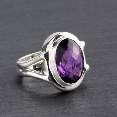 large faceted oval amethyst ring