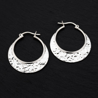large hammered silver crescent hoop earrings