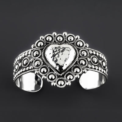 large heart Taxco sterling silver cuff bracelet