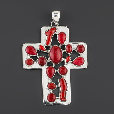 large red coral sterling silver cross pendant