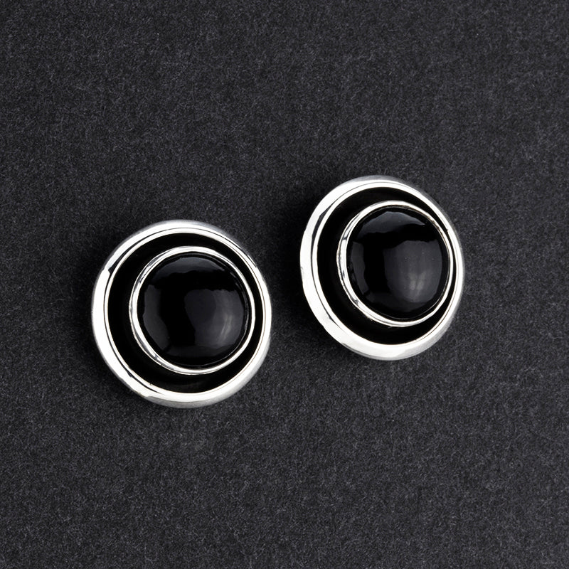 large round black onyx and silver button stud earrings