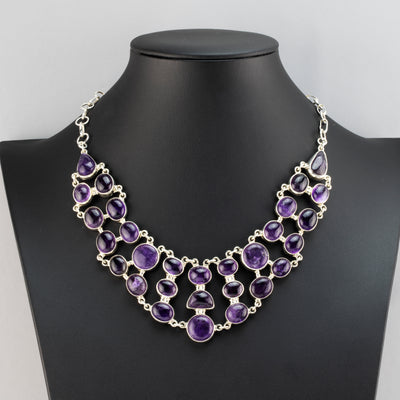 large silver and amethyst bib statement necklace