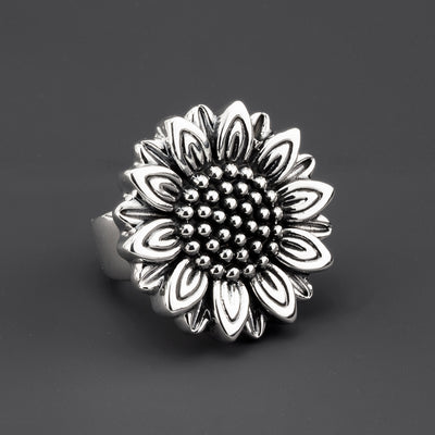 large sunflower sterling silver ring