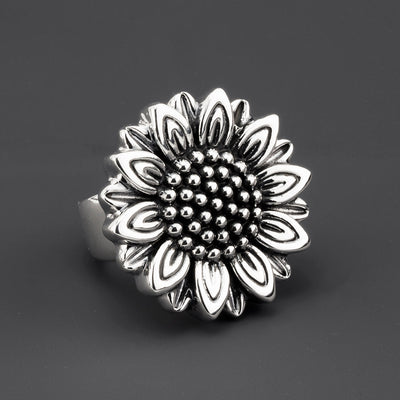 large sunflower sterling silver ring