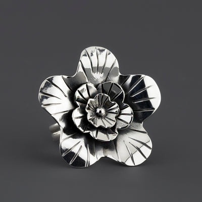large Taxco sterling silver floral ring
