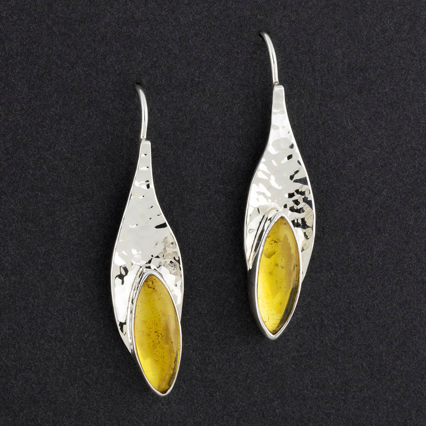 long hammered silver and amber drop earrings