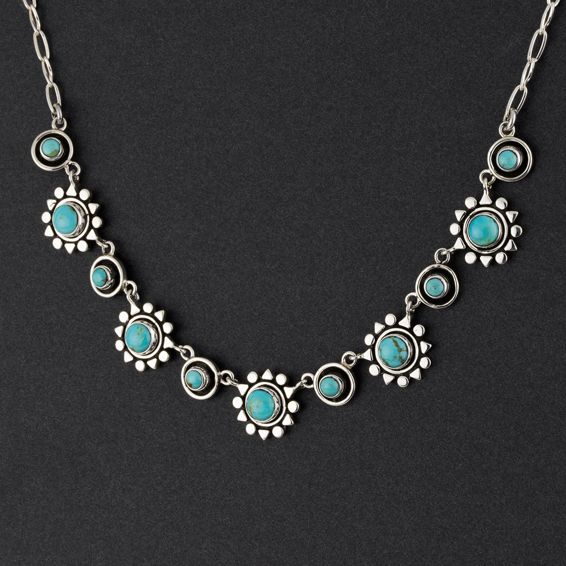 Mexican silver and turquoise sun necklace