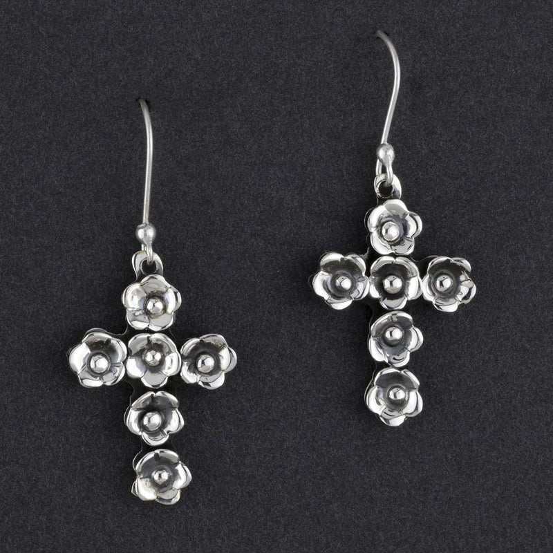 Mexican silver flower cross drop earrings