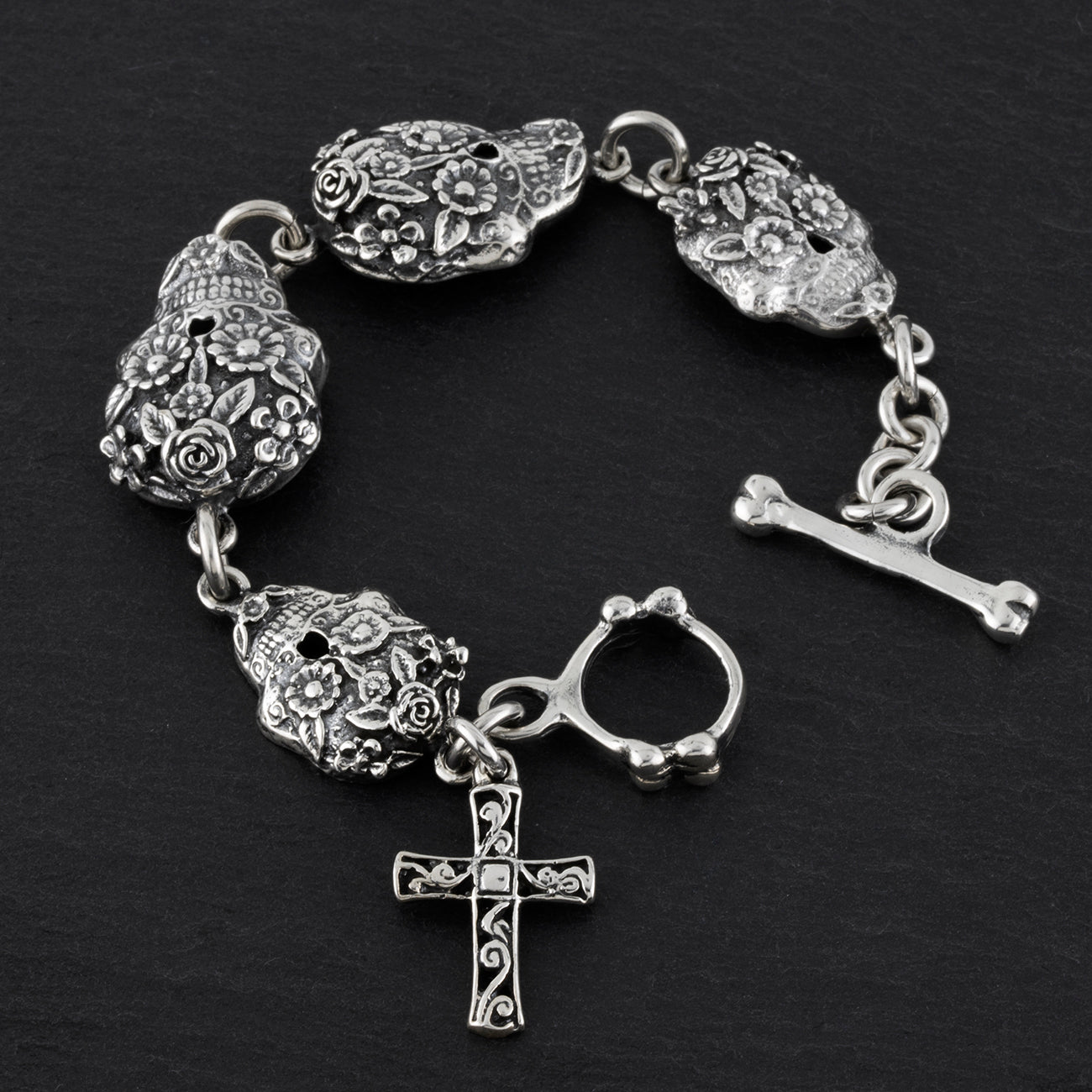 Mexican silver sugar skull and cross charm bracelet