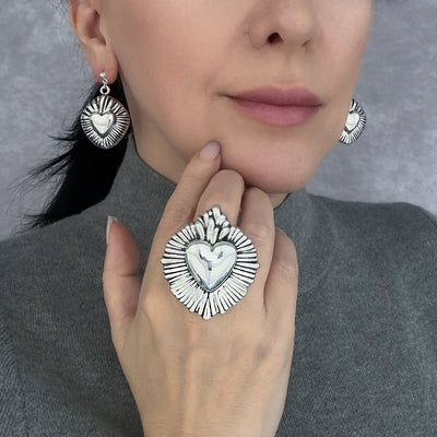 Flaming Heart Mexican Silver Ring