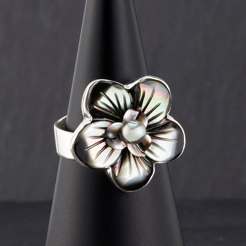mother of pearl carved flower ring