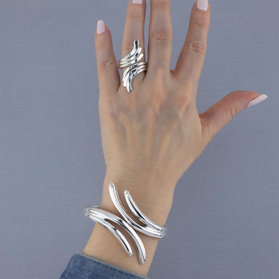Silver Waves Hinged Bangle Bracelet