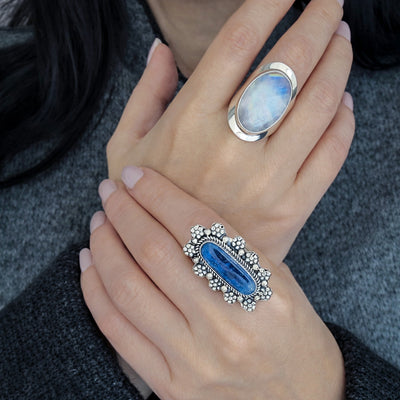 Large Rainbow Moonstone Silver Ring
