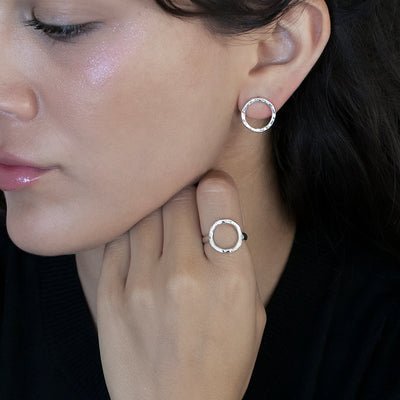 Hammered Silver Open Circle Stud Earrings