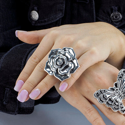 Chunky Silver Rose Statement Ring