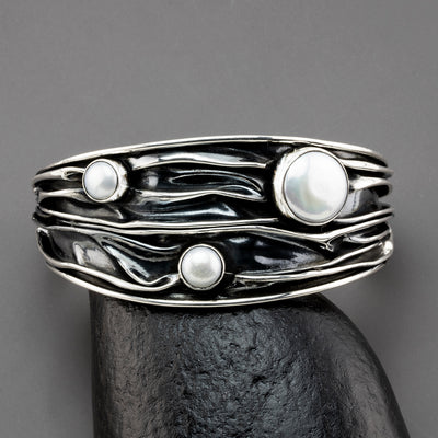 rustic blackened sterling silver pearl cuff bracelet