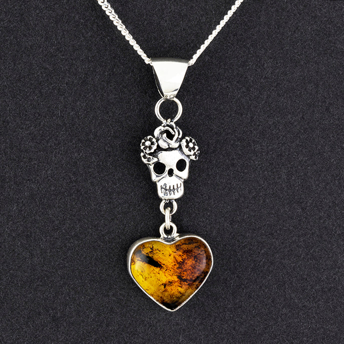 silver and amber sugar skull heart pendant necklace