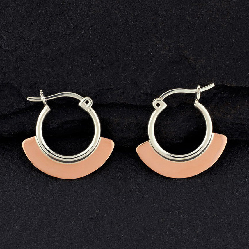 silver and copper half moon hoop earrings