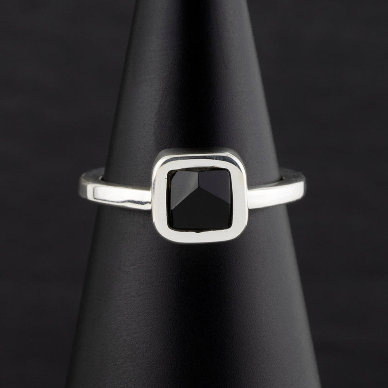 small square faceted black onyx silver ring