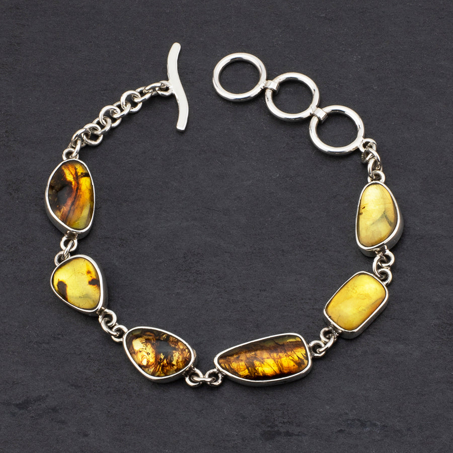 small sterling silver and amber stone link bracelet