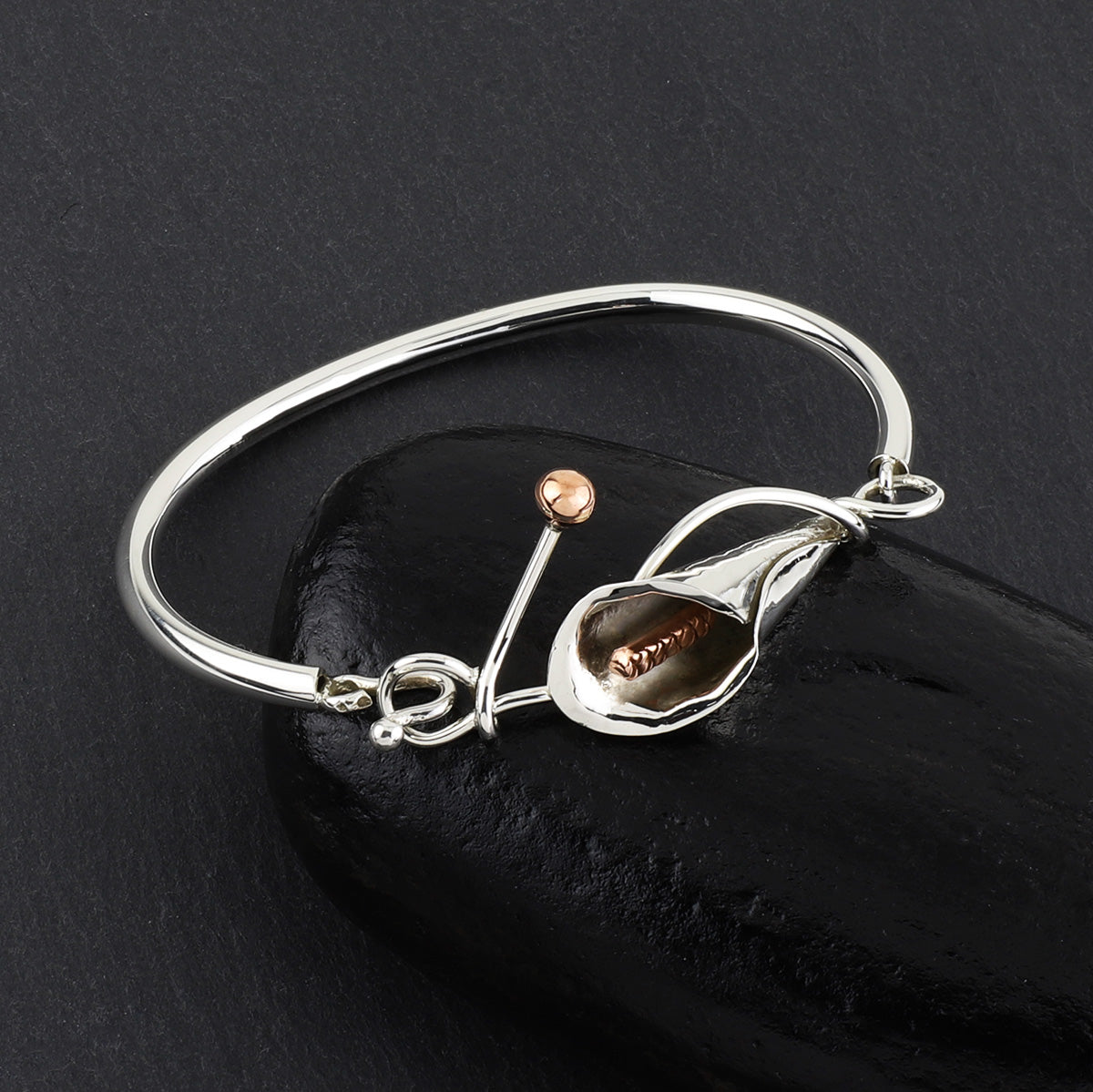 sterling silver and copper calla lily bangle bracelet