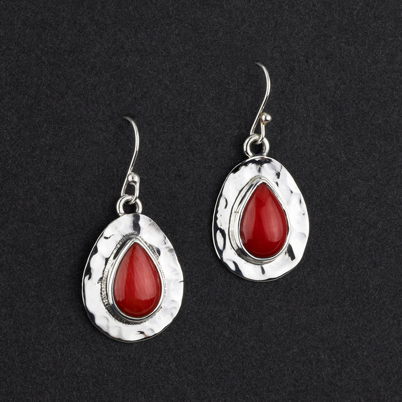 sterling silver and red coral teardrop earrings