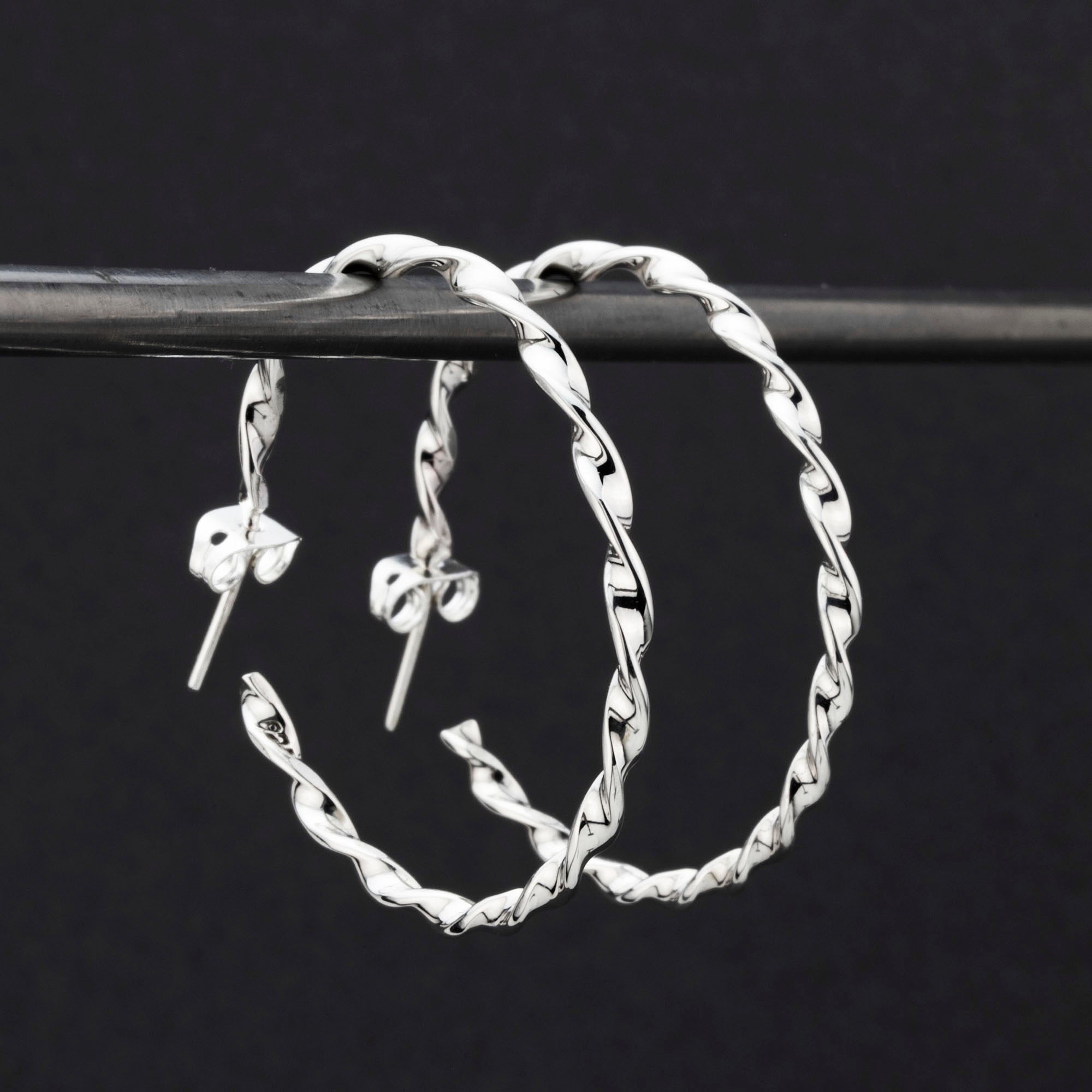 sterling silver thin large twisted hoop earrings