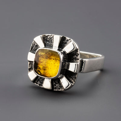 sunburst glow silver and amber ring